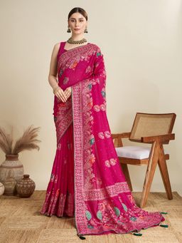 Suha - Women Pink Cotton Paisley Saree with Unstitched Blouse