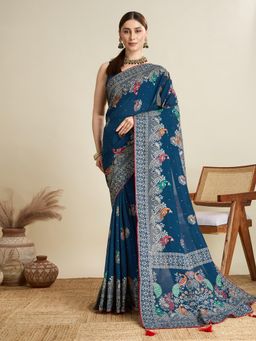 Suha - Women Blue Cotton Paisley Saree with Unstitched Blouse