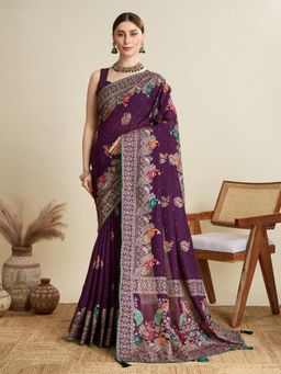 Suha - Women Purple Cotton Paisley Saree with Unstitched Blouse