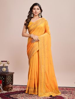 Suha - Women Mustard Art Silk Embroidered Saree with Unstitched Blouse