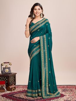 Suha - Women Green Art Silk Embroidered Saree with Unstitched Blouse