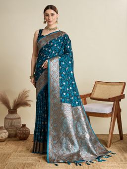 Suha - Women Blue Art Silk Woven Saree with Unstitched Blouse