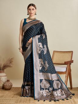 Suha - Women Navy Blue Art Silk Woven Saree with Unstitched Blouse