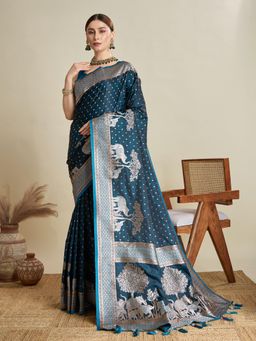 Suha - Women Blue Art Silk Woven Saree with Unstitched Blouse