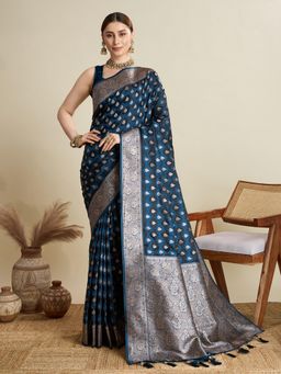Suha - Women Navy Blue Art Silk Woven Saree with Unstitched Blouse