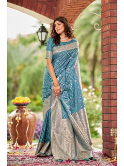 Manohari - Women Blue Silk Woven Saree with Unstitched Blouse