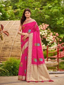 Manohari - Women Pink Silk Floral Saree with Unstitched Blouse