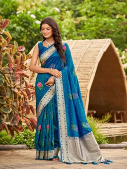 Manohari - Women Blue Silk Floral Saree with Unstitched Blouse