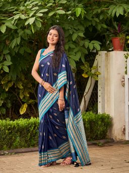 Manohari - Women Navy Blue Silk Floral Saree with Unstitched Blouse