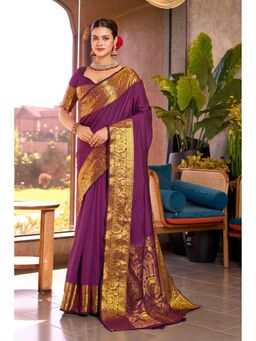 Mysilklove - Women Purple Banarasi Woven Saree with Unstitched Blouse