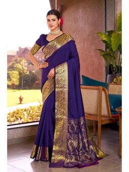 Mysilklove - Women Blue Banarasi Woven Saree with Unstitched Blouse