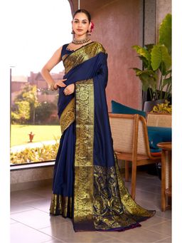 Mysilklove - Women Blue Banarasi Woven Saree with Unstitched Blouse