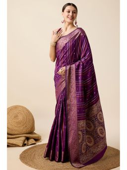 Mysilklove - Women Purple Banarasi Woven Saree with Unstitched Blouse