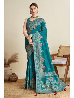 Mysilklove - Women Green Chinon Printed Saree with Unstitched Blouse