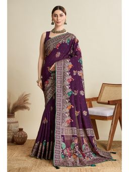 Mysilklove - Women Maroon Chinon Printed Saree with Unstitched Blouse