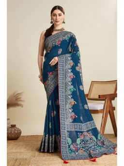 Mysilklove - Women Blue Chinon Printed Saree with Unstitched Blouse