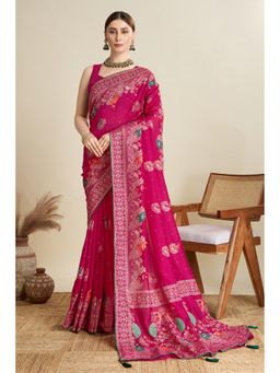 Mysilklove - Women Pink Chinon Printed Saree with Unstitched Blouse