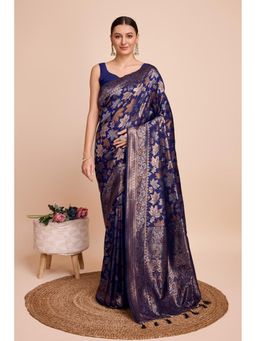 Mysilklove - Women Blue Banarasi Floral Saree with Unstitched Blouse