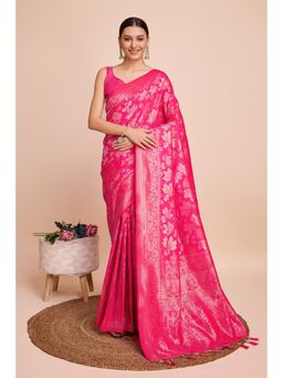 Mysilklove - Women Pink Banarasi Floral Saree with Unstitched Blouse