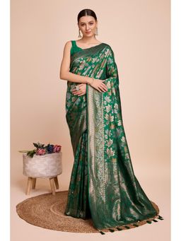 Mysilklove - Women Green Banarasi Floral Saree with Unstitched Blouse
