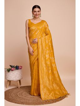Mysilklove - Women Yellow Banarasi Floral Saree with Unstitched Blouse