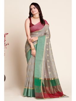 Mysilklove - Women Grey Cotton Woven Saree with Unstitched Blouse