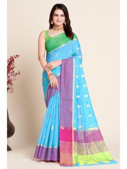 Mysilklove - Women Blue Cotton Woven Saree with Unstitched Blouse
