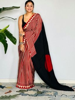Mysilklove - Women Red Satin Stripes Saree with Unstitched Blouse