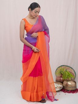 Save As - Women Sajni Orange Organza Silk Saree Without Blouse