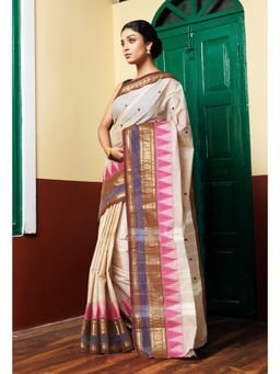 Unnati Silks - Women Cream Cotton Woven Saree Without Blouse