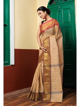 Unnati Silks - Women Beige Cotton Woven Saree Without Blouse