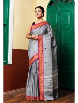 Unnati Silks - Women Grey Cotton Woven Saree Without Blouse