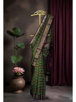 Unnati Silks - Women Green Cotton Silk Printed Saree with Unstitched Blouse
