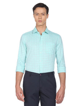 Arrow - Men Green Cutaway Collar Grid Tattersall Checks Formal Shirt