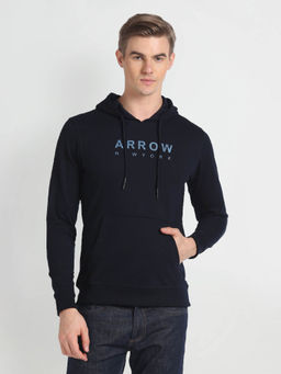 Arrow Sports - Men Navy Hooded Brand Print Solid Sweatshirt