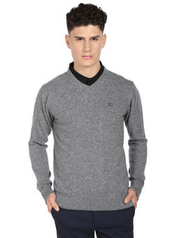 Arrow Sports - Men Grey V-Neck Long Sleeve Heathered Sweater