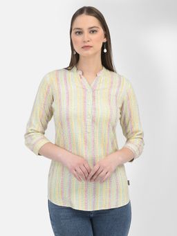 CRIMSOUNE CLUB - Women Stripes Multi-Color Three Fourth Sleeves Mandarin Neck Top