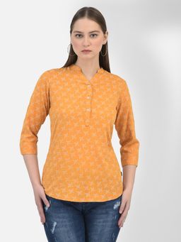 CRIMSOUNE CLUB - Women Printed Orange Three Fourth Sleeves Mandarin Neck Top