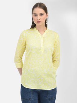 CRIMSOUNE CLUB - Women Floral Yellow Three Fourth Sleeves Mandarin Neck Top