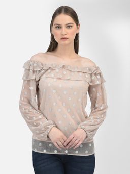 CRIMSOUNE CLUB - Women Polka Dots Beige Balloon Sleeve Off-Shoulder Top