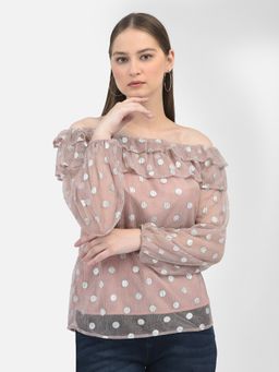 CRIMSOUNE CLUB - Women Polka Dots Peach Balloon Sleeve Off-Shoulder Top