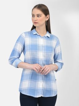 CRIMSOUNE CLUB - Women Checks Blue Three Fourth Sleeves Collar Neck Shirt