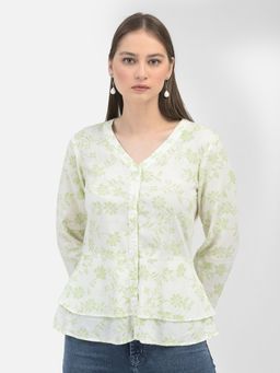 CRIMSOUNE CLUB - Women Floral Green Full Sleeves V-Neck Shirt