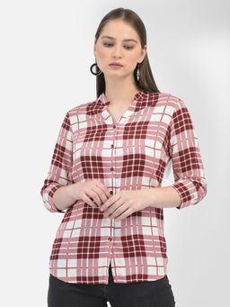 CRIMSOUNE CLUB - Women Checks Maroon Three Fourth Sleeves Mandarin Neck Shirt