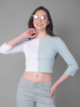 CRIMSOUNE CLUB - Women Colorblock Green Three Fourth Sleeves Round Neck Crop Top