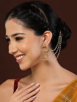 PANASH - Gold Plated Beaded Jhumka Earrings with Ear Chain