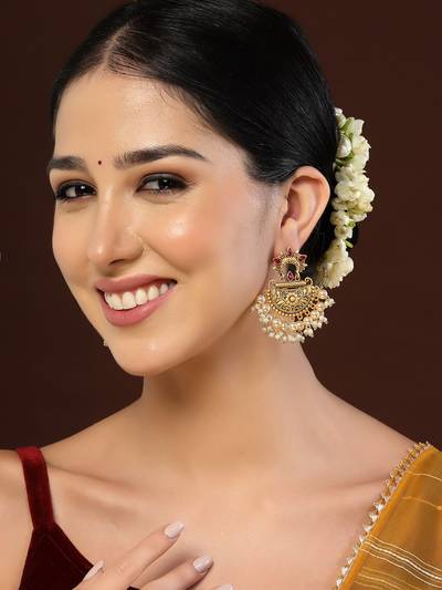 Gold Plated Classic Pearl Studded Chandbalis
