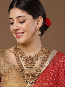 PANASH - Gold-Plated Pink &amp; Green Beaded Pearl Studded Jewellery Set
