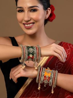 PANASH - Gold-Plated Stones Studded & Pearls Beaded Bangles (Set of 18)