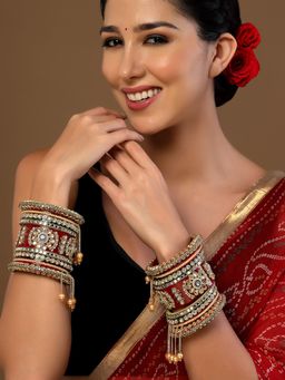 PANASH - Gold-Plated Stone-Studded & Pearls-Beaded Bangles (Set of 18)